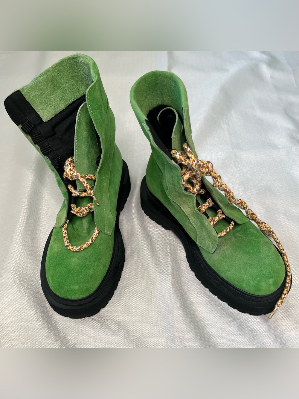 Ricky Sarkany Green Suede Combat Boots Chunky Lug Sole Gorpcore Grunge Y2K
